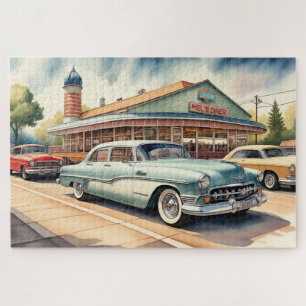 Aquarellmalerei von Oldtimern und Diner