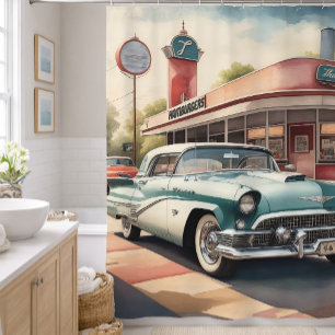 Aquarellmalerei von Vintage-Auto und Diner Duschvorhang