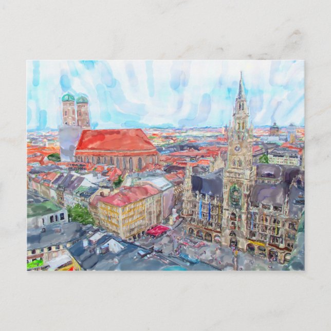 Aquarellmalmunich Marienplatz. Luft. Postkarte (Vorderseite)