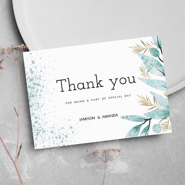 Aquarellmalz grünes goldenes Blattwerk Danke Einladung (Watercolor mint green gold foliage Thank You )