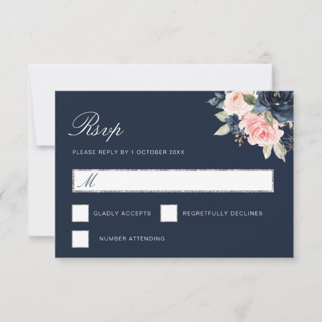 Aquarellmarinon blühende silberne RSVP-Karte RSVP Karte (Vorderseite)