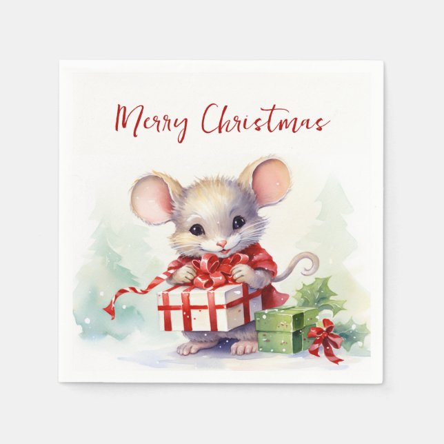 Aquarellmäuse mit Weihnachtsgeschenk Serviette (Vorderseite)