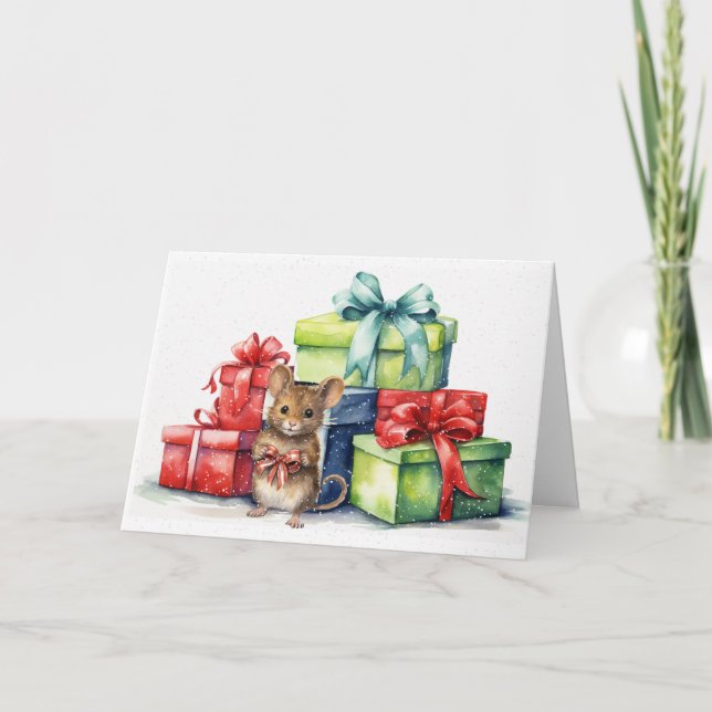 Aquarellmäuse mit Weihnachtsgeschenken Karte (Vorderseite)