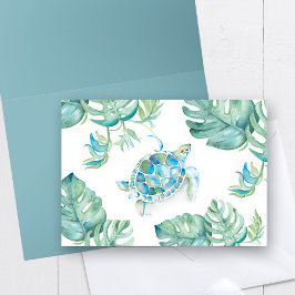 Aquarellmeerschildkröte mit Monstera Palm Blätter Dankeskarte