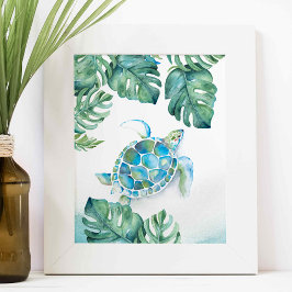 Aquarellmeerschildkröten und Monstera-Blätter Poster