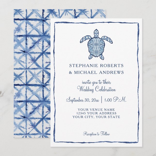 Aquarellmeerschildkrötenstrand Hochzeit Shibori-In Einladung (Vorne/Hinten)