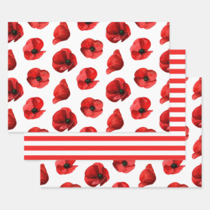 Aquarellmohn Blumenmuster. Roter Mohn Geschenkpapier Set