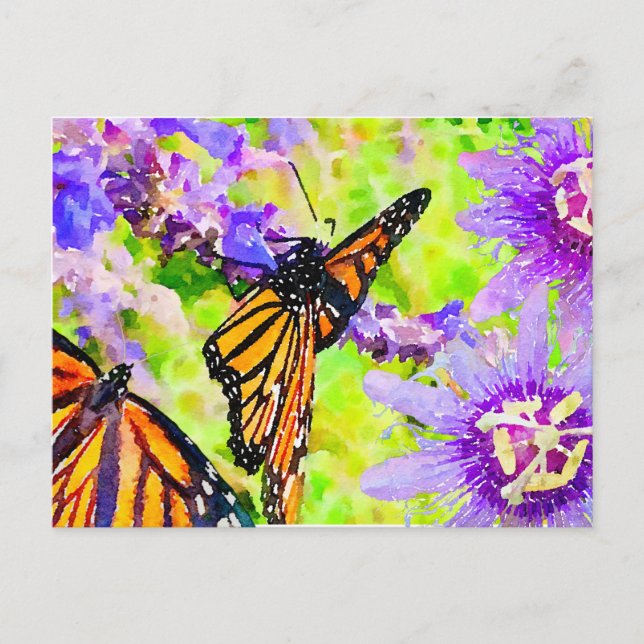 Aquarellmonarchie-Schmetterlinge und violette Blum Postkarte (Vorderseite)