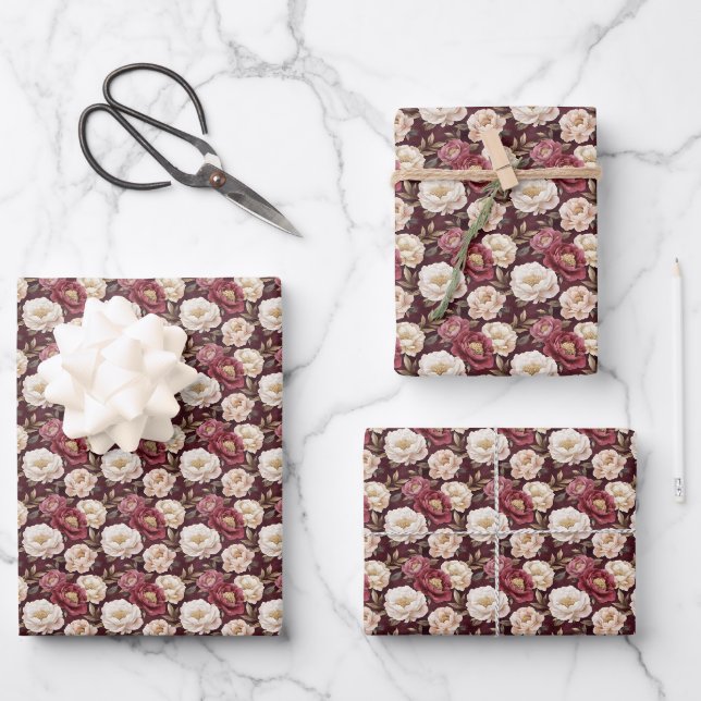 Aquarellmönche auf Burgund Geschenkpapier Set (Vorderseite)