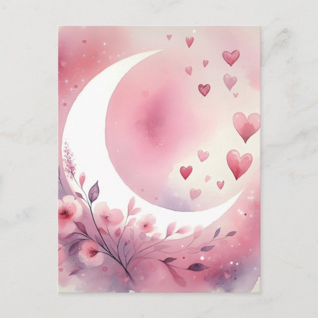 Aquarellmond, Herz, Kirschblüten Postkarte (Vorderseite)