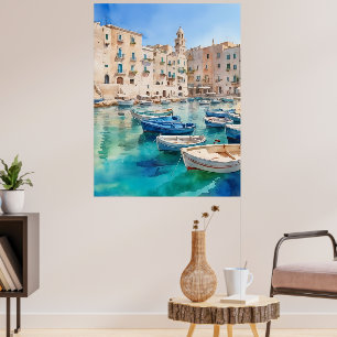 Aquarellmonopoli in Italien an der Küste Apuliens Poster