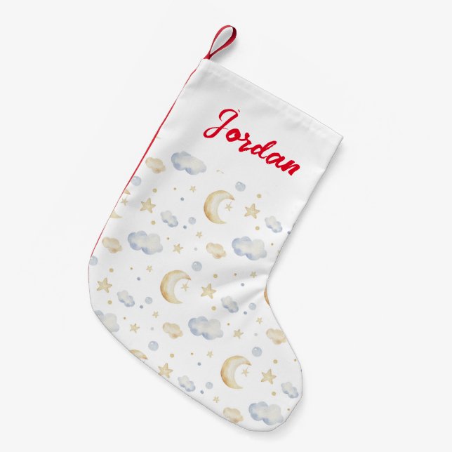 Aquarellmoon-Sterne und Cloud-Muster Kleiner Weihnachtsstrumpf (Vorderansicht (hängend))
