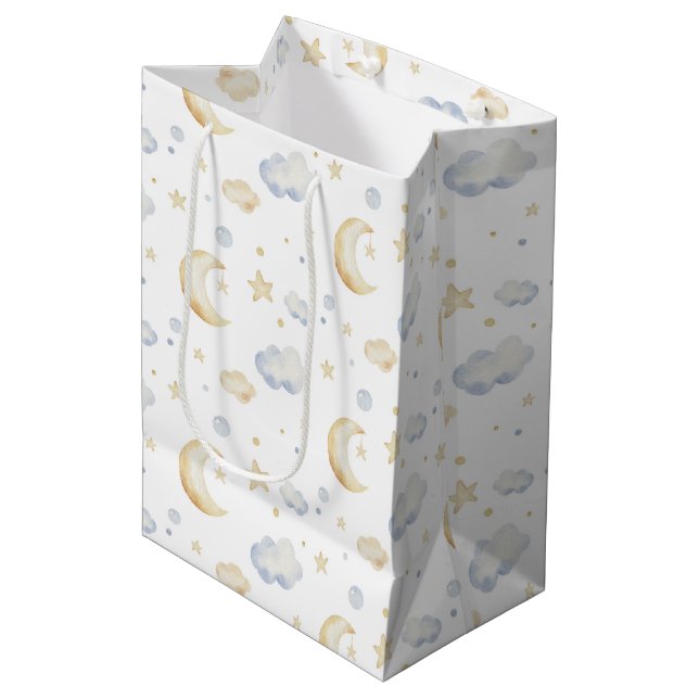 Aquarellmoon-Sterne und Cloud-Muster Mittlere Geschenktüte (Vorderseite Schrägansicht)