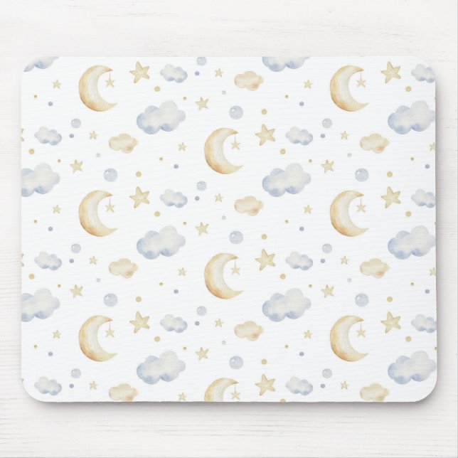 Aquarellmoon-Sterne und Cloud-Muster Mousepad (Vorne)