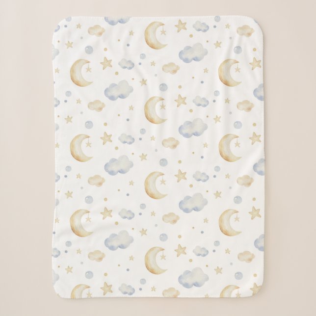 Aquarellmoon-Sterne und Cloud-Muster Sherpadecke (Vorderseite)