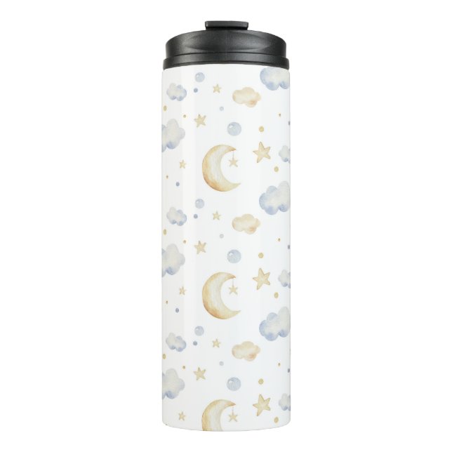 Aquarellmoon-Sterne und Cloud-Muster Thermosbecher (Vorderseite)