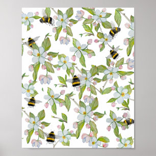 Aquarellmuster Blüten und Hummeln Poster