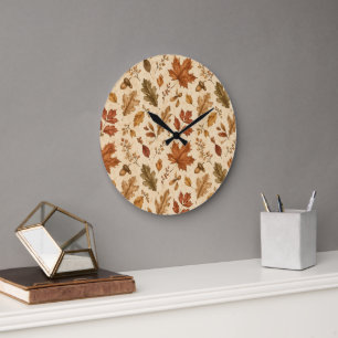 Aquarellmuster Herbstlaub Große Wanduhr