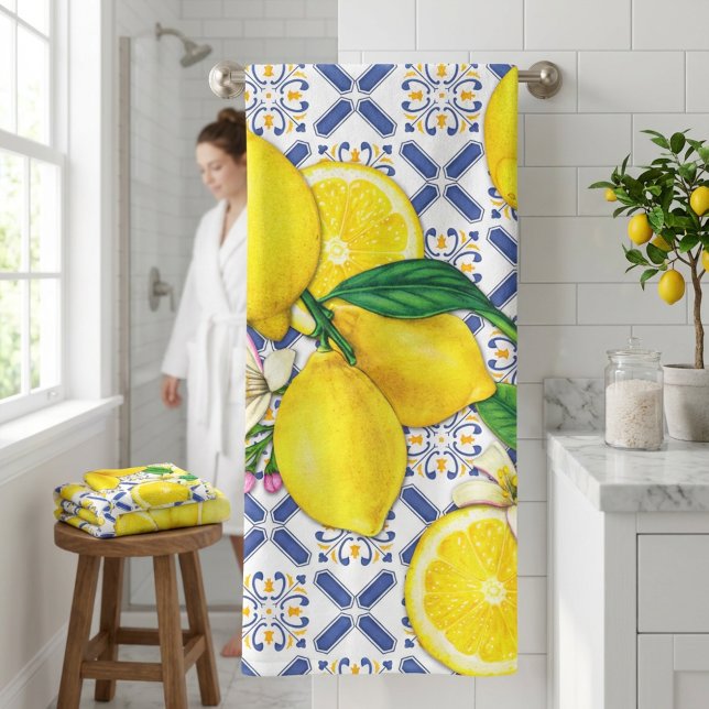 Aquarellmuster im Mittelmeer-Zitronen Badhandtuch Set (Pretty Watercolor Lemons & Blue Stripes Bath Towel)