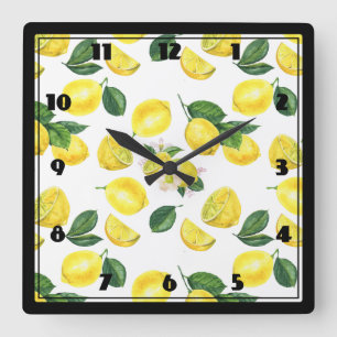 Aquarellmuster mit gelben Zitronen Quadratische Wanduhr