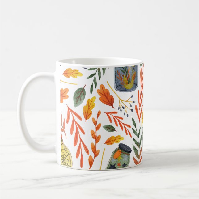 Aquarellmuster mit Herbstblättern. Kaffeetasse (Links)