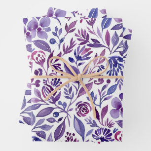 Aquarellmuster mit violetten Blumen und Blättern Geschenkpapier Set