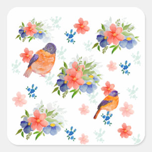 Aquarellmuster mit Vögeln und Blume Quadratischer Aufkleber
