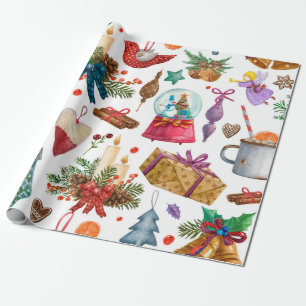 Aquarellmuster mit Weihnachtsschmuck Geschenkpapier