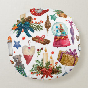 Aquarellmuster mit Weihnachtsschmuck Rundes Kissen