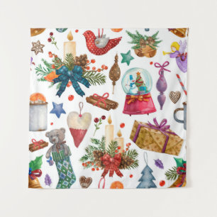 Aquarellmuster mit Weihnachtsschmuck Wandteppich