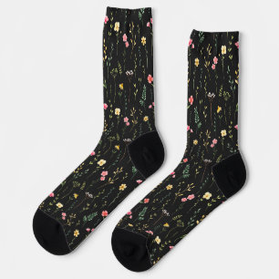 Aquarellmuster mit Wildblumen auf Schwarz Socken