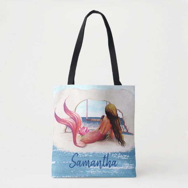 Aquarellname Beach Mermaid Afrikanischer Amerikane Tasche (Vorderseite)