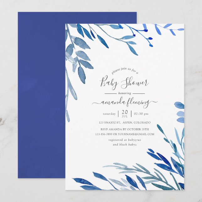 Aquarellnavy-Indigo-Blätter Kinderdusche Einladung (Vorne/Hinten)