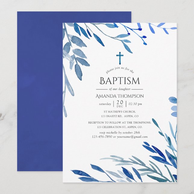 Aquarellnavy Indigo Verlasse Taufe Einladung (Vorne/Hinten)
