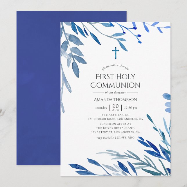 Aquarellnavy-Indizien-Blätter Erste Kommune Einladung (Vorne/Hinten)