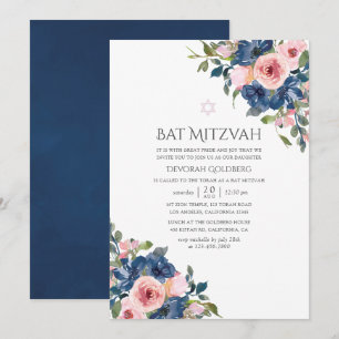 Aquarellnavy und Blush Floral Bat Mitzvah Einladung