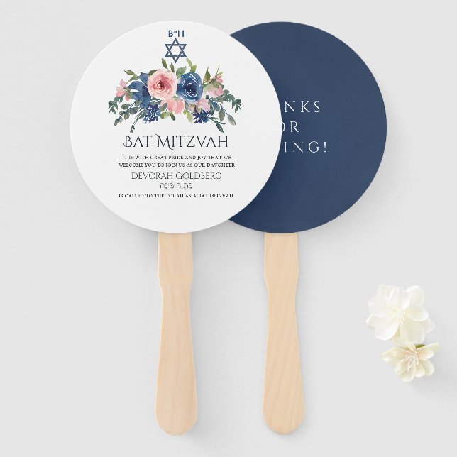 Aquarellnavy und Blush Floral Bat Mitzvah Fächer (Vorne und Hinten)