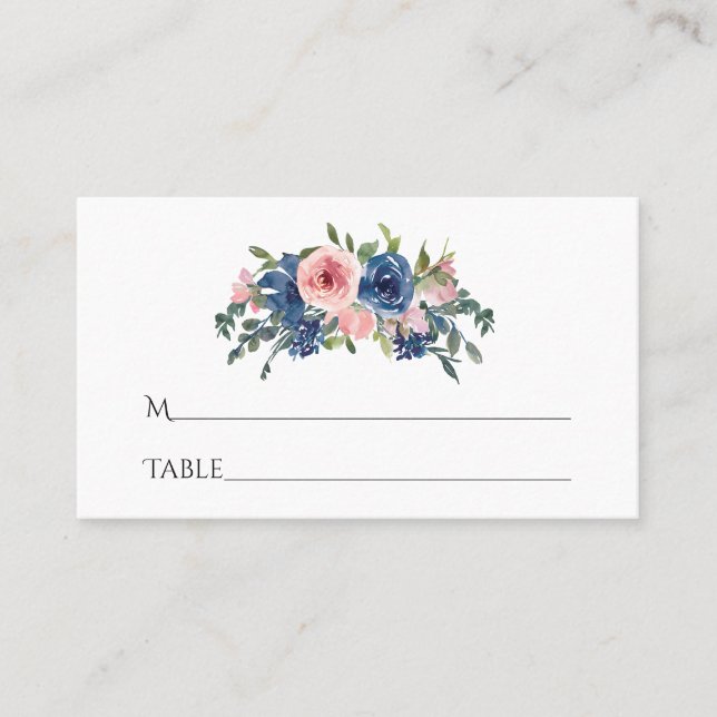 Aquarellnavy und Blush Floral Bat Mitzvah Platzkarte (Vorderseite)