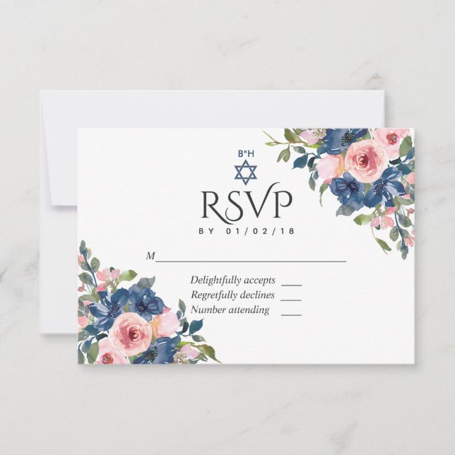 Aquarellnavy und Blush Floral Bat Mitzvah RSVP Karte (Vorderseite)