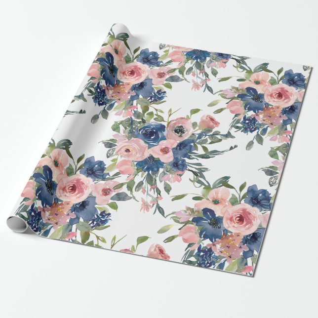Aquarellnavy und Blush Floral Geschenkpapier (Ungerollt)