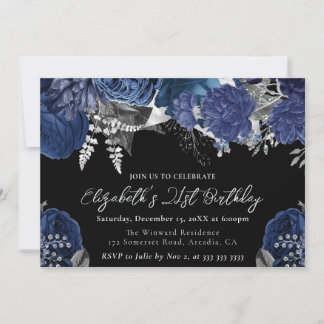 Aquarellnavy und Silver Rose 21. Geburtstag Einladung