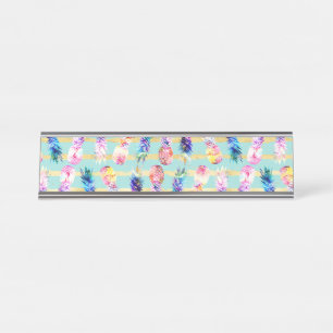 Aquarellnebel Ananas Gold Streifen Design Schreibtischnamensplakette