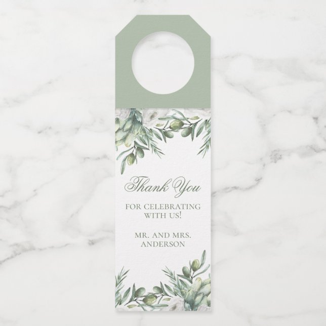 Aquarelloliven. Botanische Hochzeit danke Flaschenanhänger (Vorderseite)