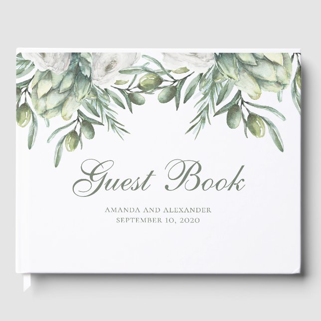 Aquarelloliven. Hochzeit mit Blumen Gästebuch (Vorderseite)