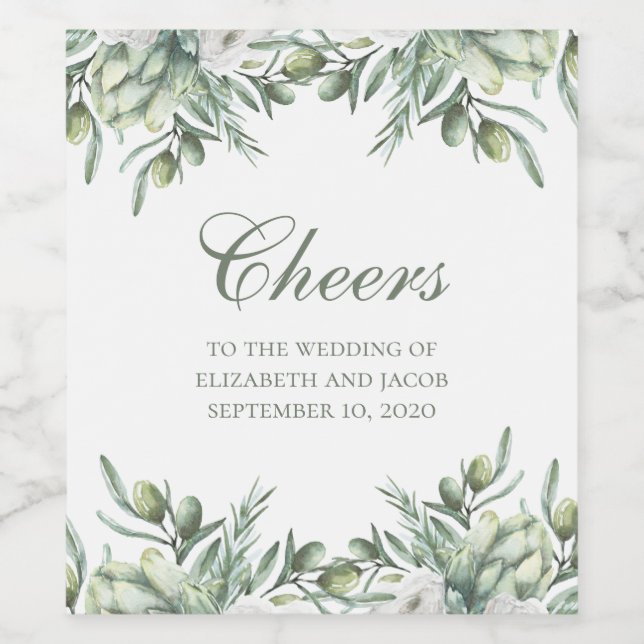 Aquarelloliven. Hochzeit mit Blumen Weinetikett (Einzelnes Label)