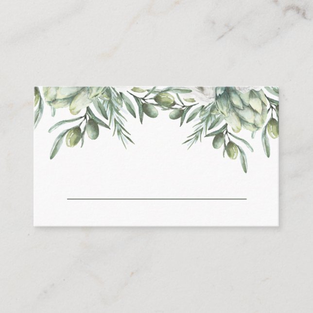 Aquarelloliven. Italienische Hochzeit Platzkarte (Vorderseite)
