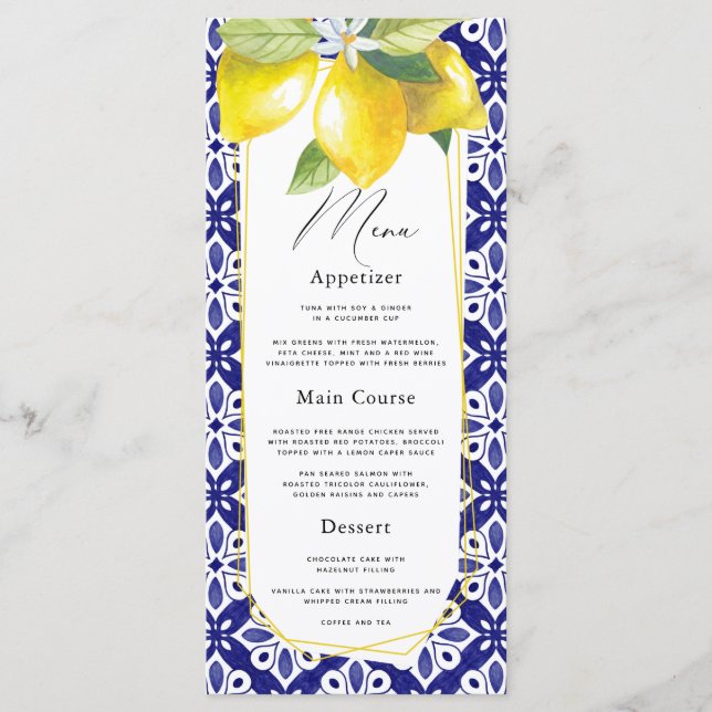 Aquarellon Lemon Mediterranes blaues Tile Menükarte (Vorderseite)
