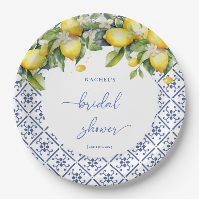 Aquarellon Lemon Mediterranes Brautparty Pappteller (Vorderseite)