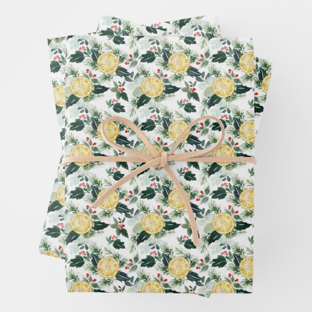 Aquarellon Lemon und Holly Pattern Weihnachten Geschenkpapier Set (Beispiel)