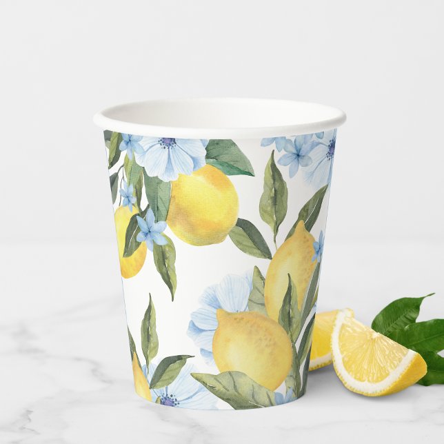 Aquarellon und Blaue Blume Pappbecher (Watercolor Lemon and Blue Flower Paper Cups for Birthday, Baby Shower or Bridal Shower - Sets of 8)